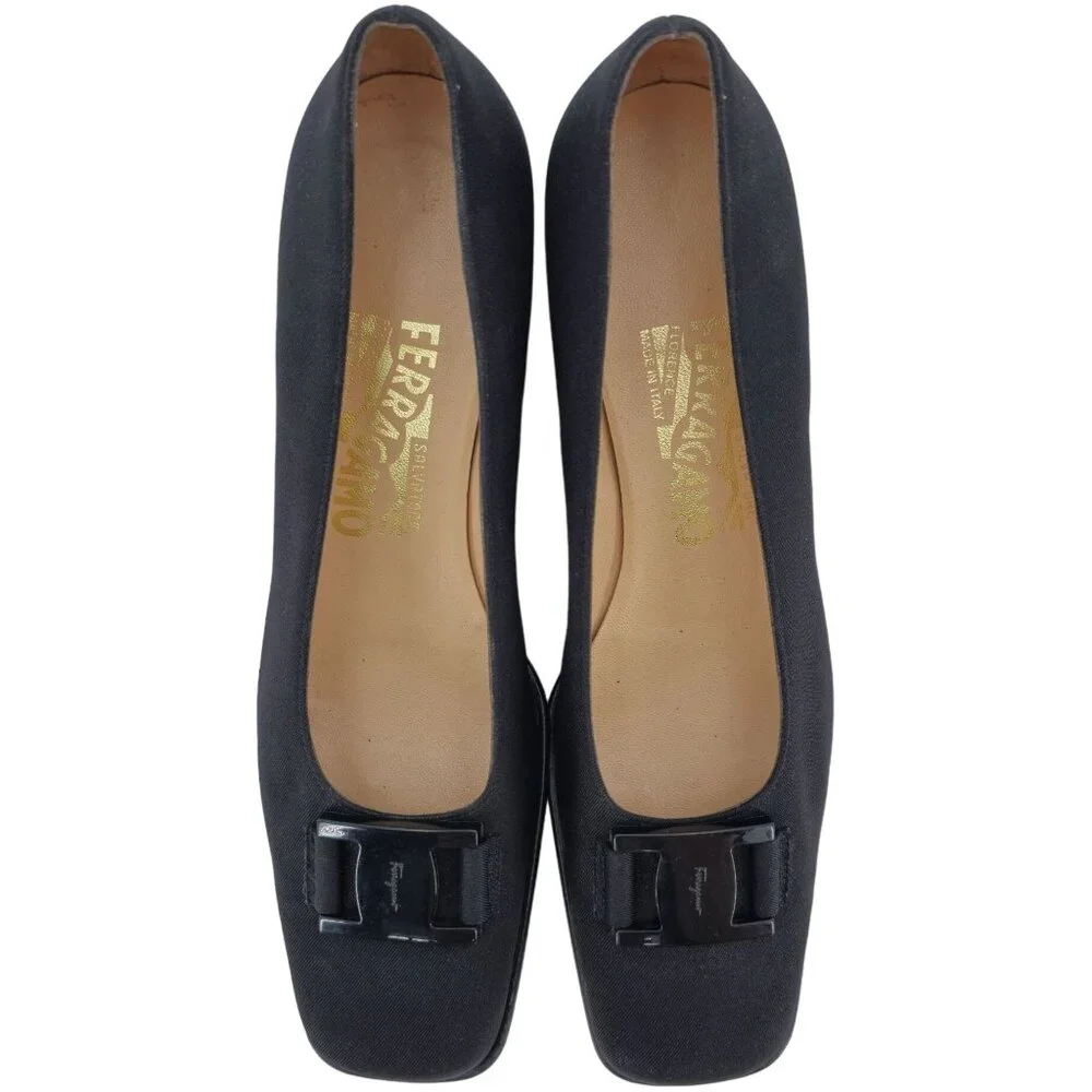 Salvatore Ferragamo Italy Black Fabric Formal Dress Shoes Women 8AA Buckle Pumps - Picture 9 of 11